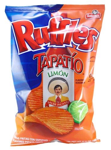 Shot of ruffles tapatio limon chips that are vegan-friendly