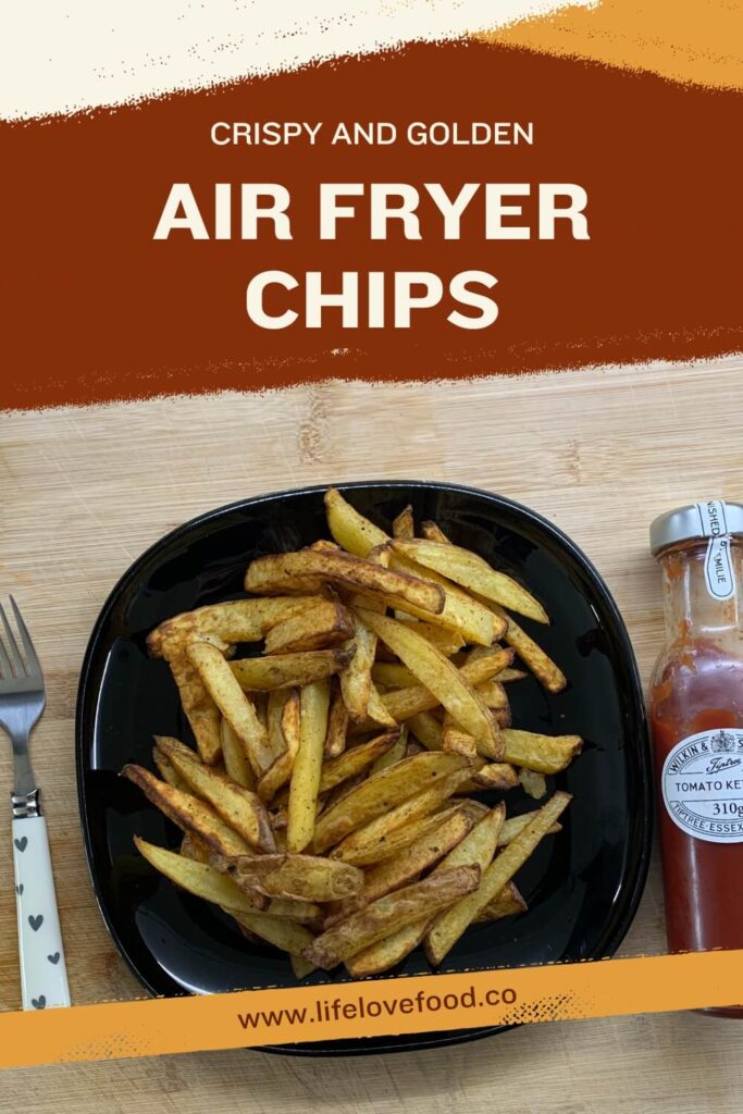 A Pinterest image featuring crispy air fryer fries on a black plate, with the text "CRISPY AND GOLDEN AIR FRYER CHIPS" 