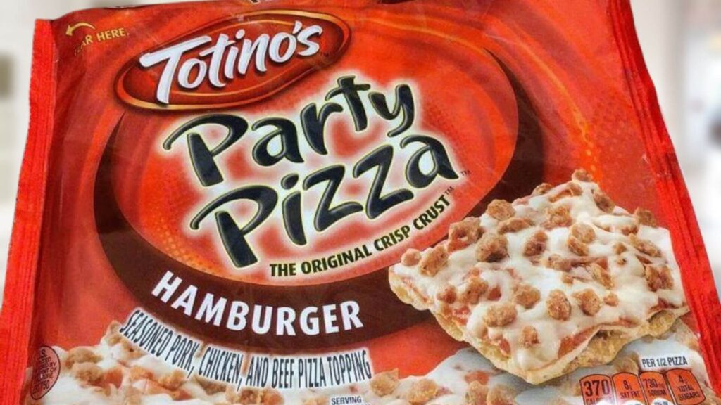 This image shows a package of Totino's Party Pizza with a 'Hamburger' flavor label. The packaging is primarily red with the product name in bold white and yellow font. A picture of the pizza is visible on the front, featuring seasoned pork, chicken, and beef toppings.